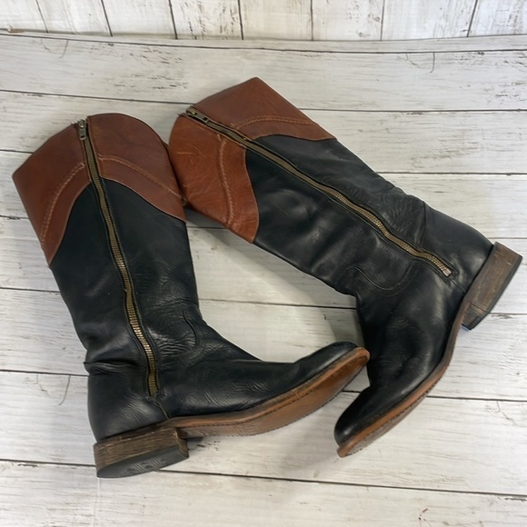 Justin Wizard Knee High Black and Mahogany Leather Riding Style Boots - Picture 6 of 14